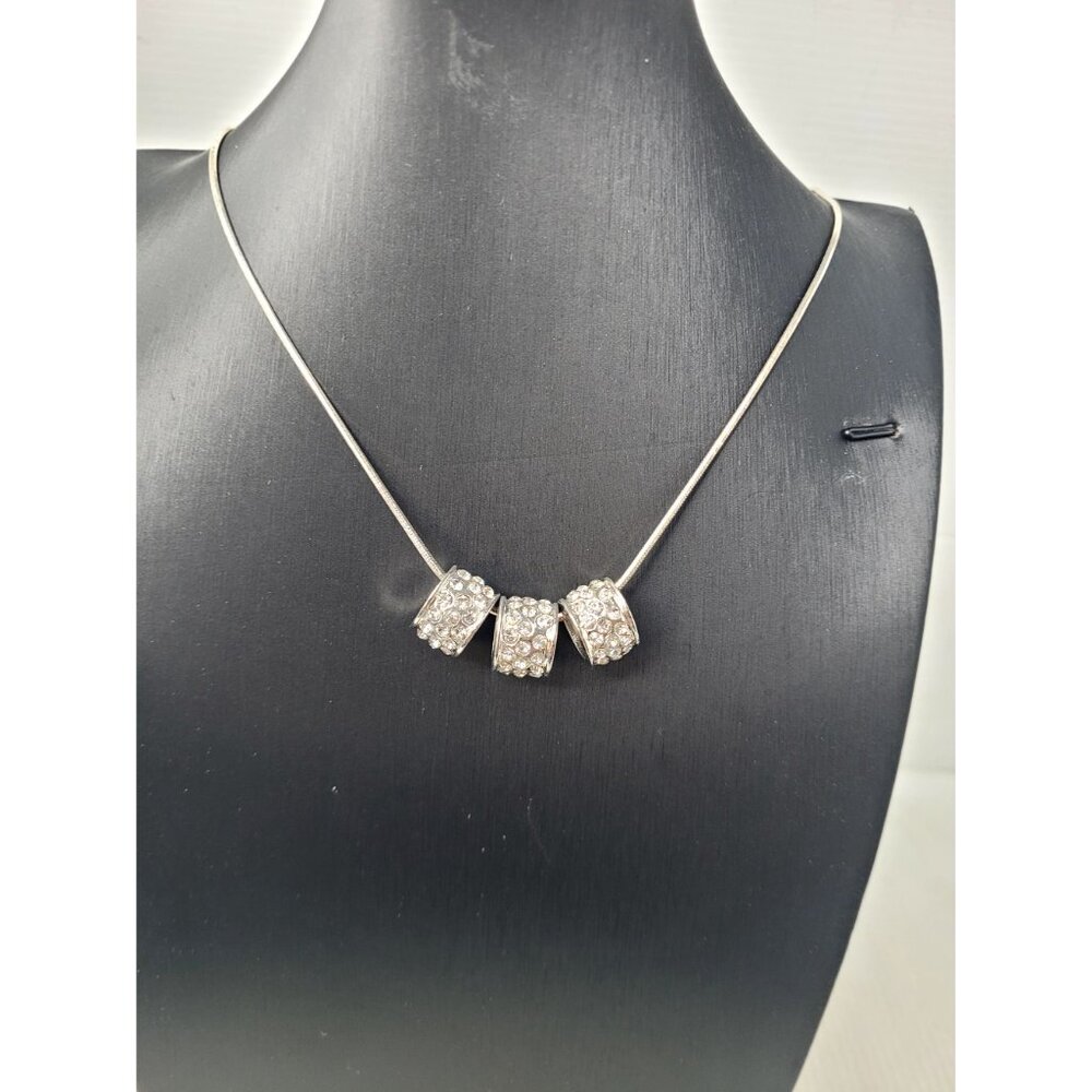 Vintage Elegant Sterling Silver Necklace With Three Sparkling Rhinestone Beads - Picture 13 of 16